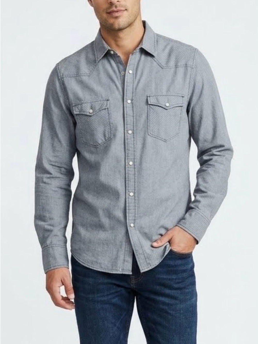 Mossimo Mens Medium Western Denim Shirt Pearl Snap Gray Cotton Cowboy Workwear